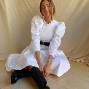 ✨🪩 Danielle Bernstein NWT SMALL White Ruffle  Long Puff Sleeve Calf Midi Dr…